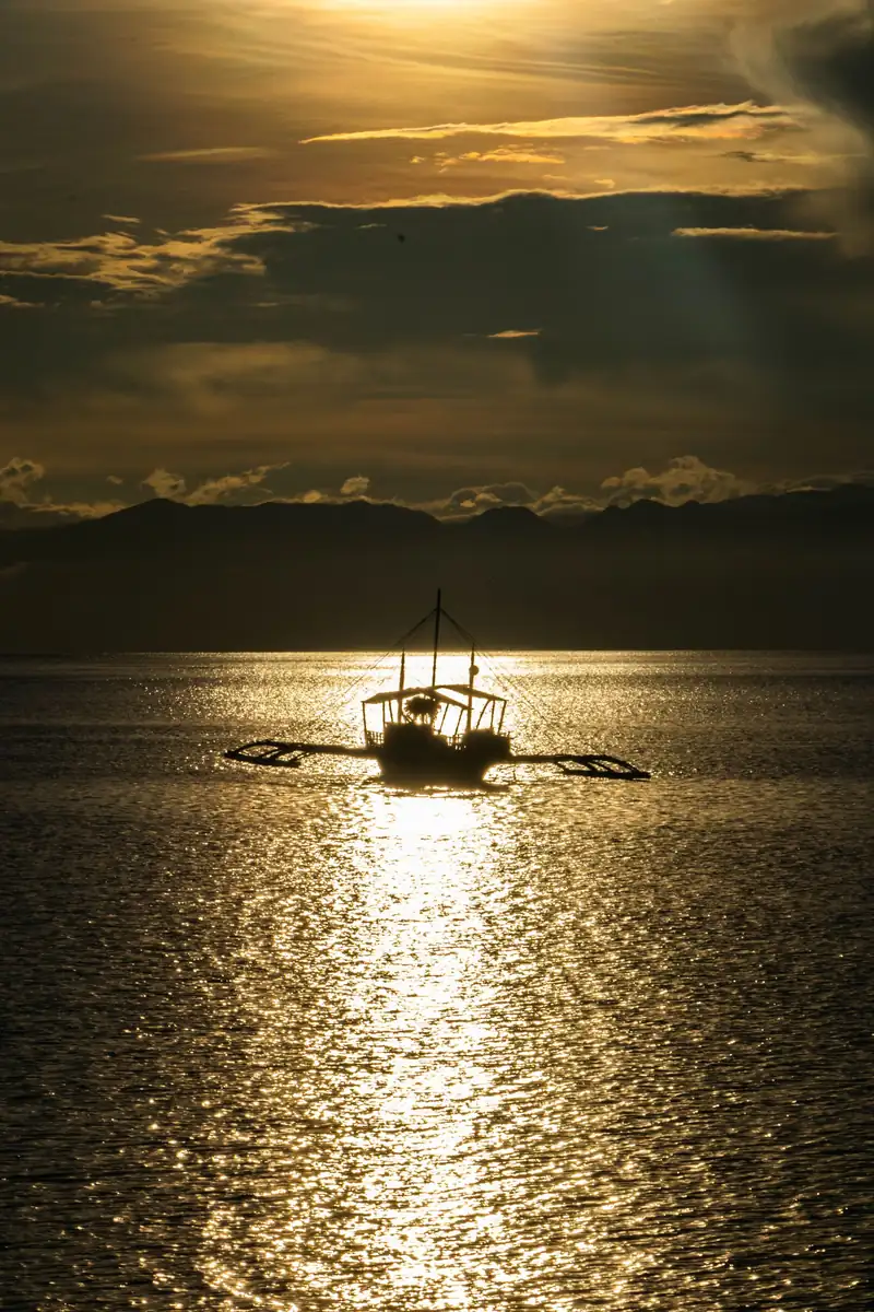 Silhouette of a banca boat on golden water at sunset in Moalboal